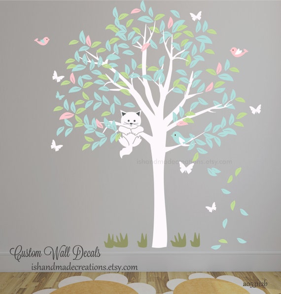 Tree Wall decal cat tree Baby wall decals Tree birds Wall