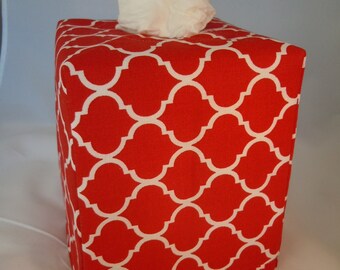Ready To Ship - Red and White Quatrefoil - Fabric Tissue Box Cover