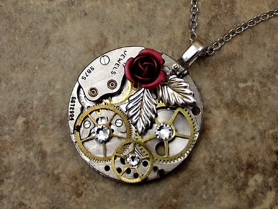 Red Rose Steampunk Necklace, Victorian, Round Watch Base, Brass Gears, Silver Leaf by CrofootDesigns steampunk buy now online