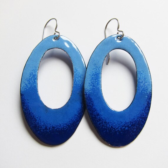 Royal blue oval hoop earrings Big blue enamel boho by OxArtJewelry