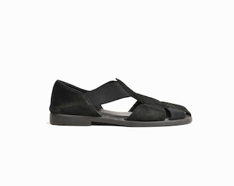 Vintage 90s Black Leather & Elastic Fisherman Sandals / Black Suede Sandals - women's size 7