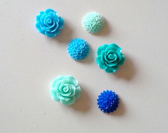 Magnet set, fun colors in a set of 6 bright mint, royal and sky blue/green cabochon flower Rare Earth Fridge Magnets, or choose pushpins