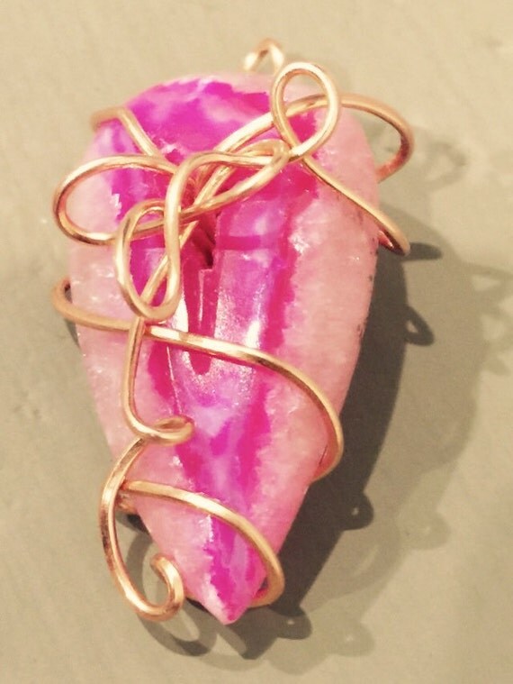 Items similar to Pink pendant with copper wiring handmade oneofakind