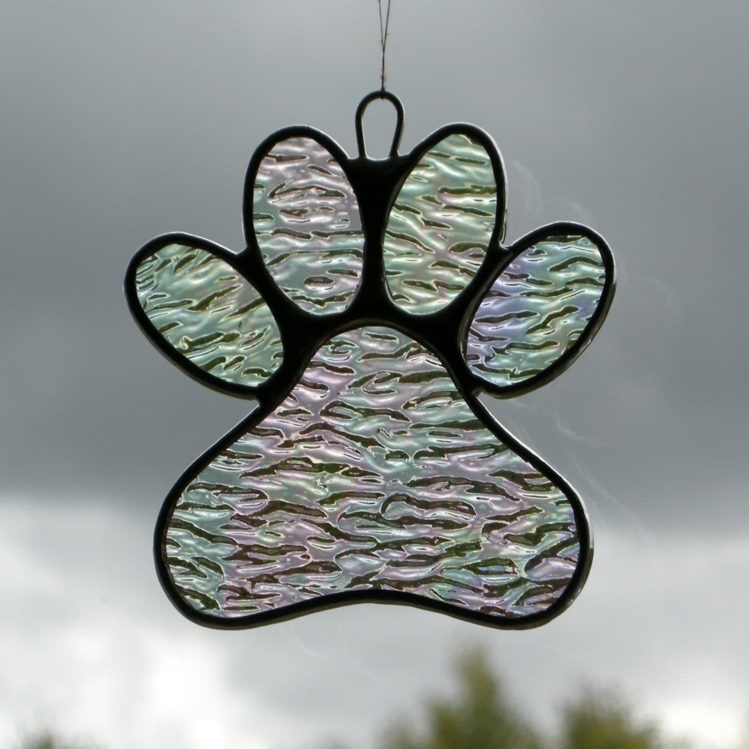 Stained Glass Window Ornament Paw Print iridescent clear