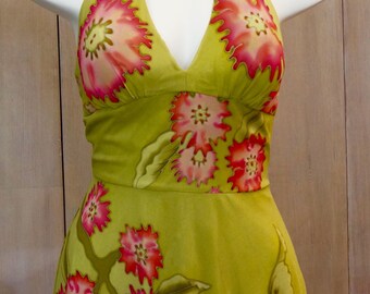 Free Shipping! SUE WONG Halter Silk Floral Party Dress in Lime Green and Shades of Pink - Size 6