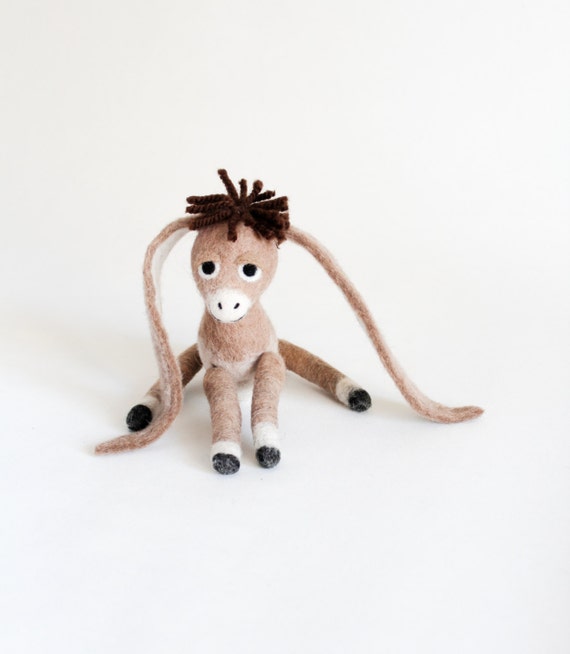 Nestor The small Long-Eared Christmas Donkey. Art Toy Felted