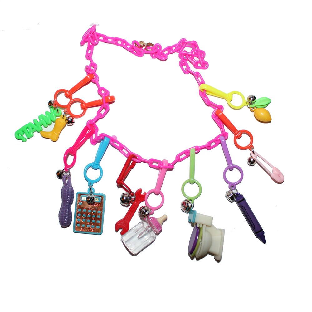 Vintage Bell Charm Necklaces Plastic Rainbow Charms 80's