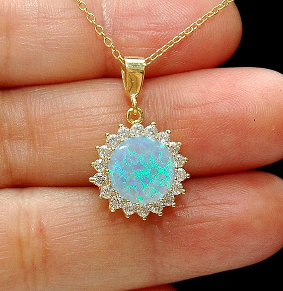 Gold Opal & CZ Silver Necklace October Birthstone