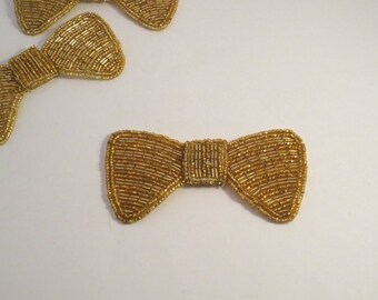 Gold Heavily Beaded Bow Design Applique--One Piece