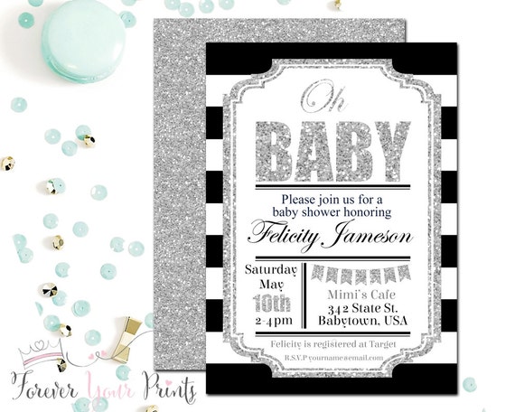 Baby Shower Invitation Boy, Boys Baby Shower Invitation, Oh Baby Invitation, Gender Neutral Baby Shower, Baby Shower Invites, Black Silver Il_570xn