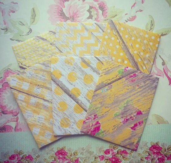 6 Shabby Chic Yellow envelopes, Stationery, Letters, Pocket Letter, Scrapbooking, Cardmaking, Supplies, DIY, Notes