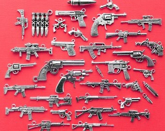 Deluxe Gun Charm Collection Antique Silver Tone 35 Different Charms - COL331