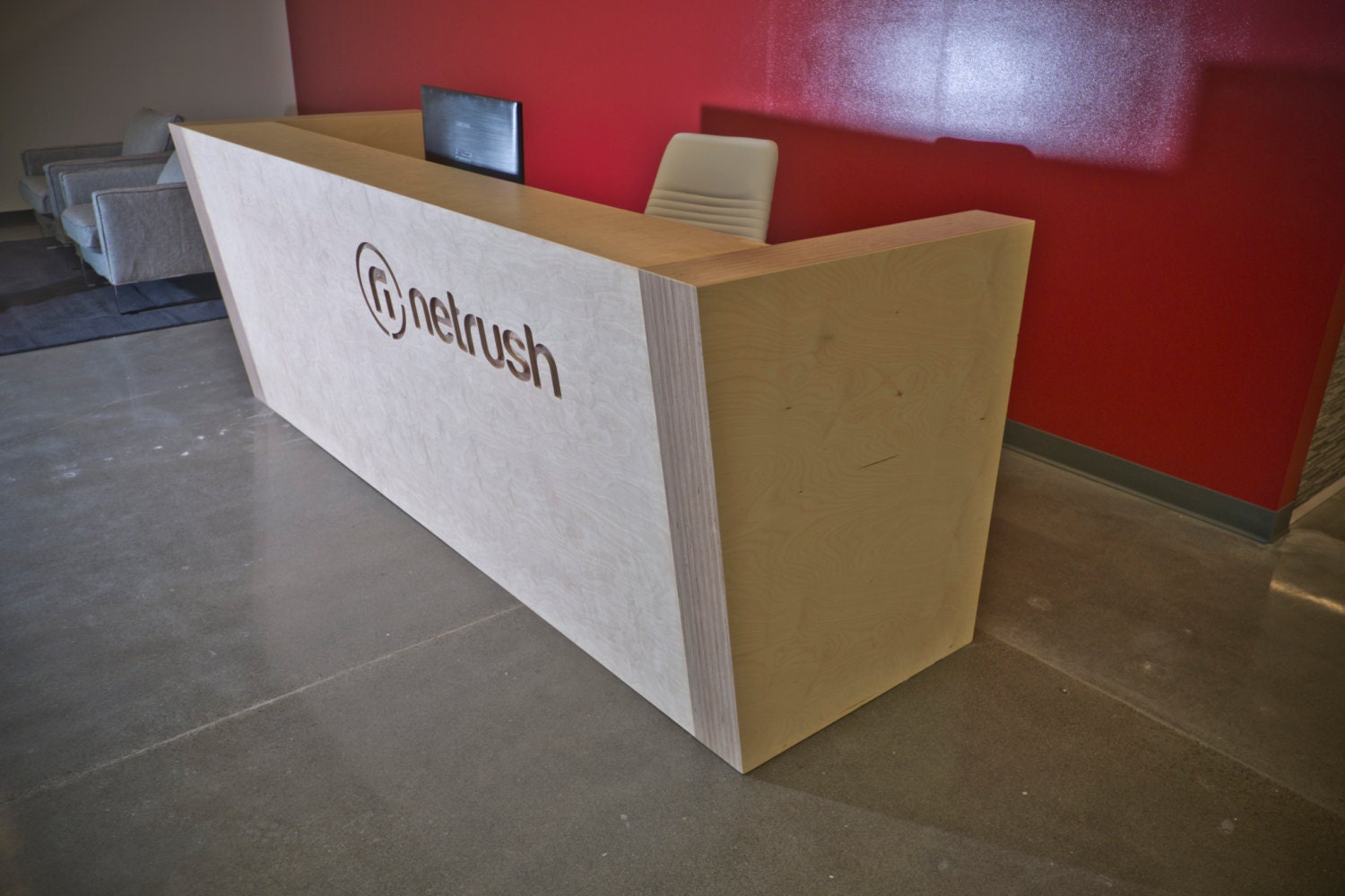 Plywood Reception Desk with Custom Logo and small tapered side