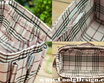 Purse organizer insert multi-pocket for handbag pink plaid Large 25x10 cm