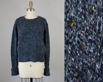1990s Vintage Navy Marled Knit Cropped Sweater (L)
