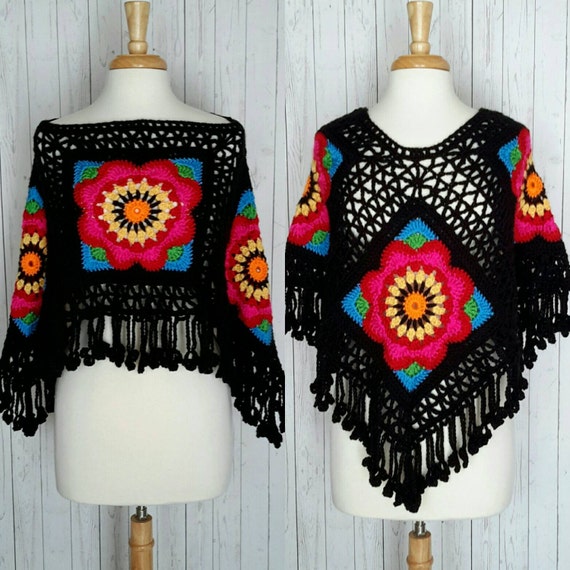 Poncho Boho Gypsy Frida Kahlo Inspired Flower Child Black with Bright Colors Free Shipping