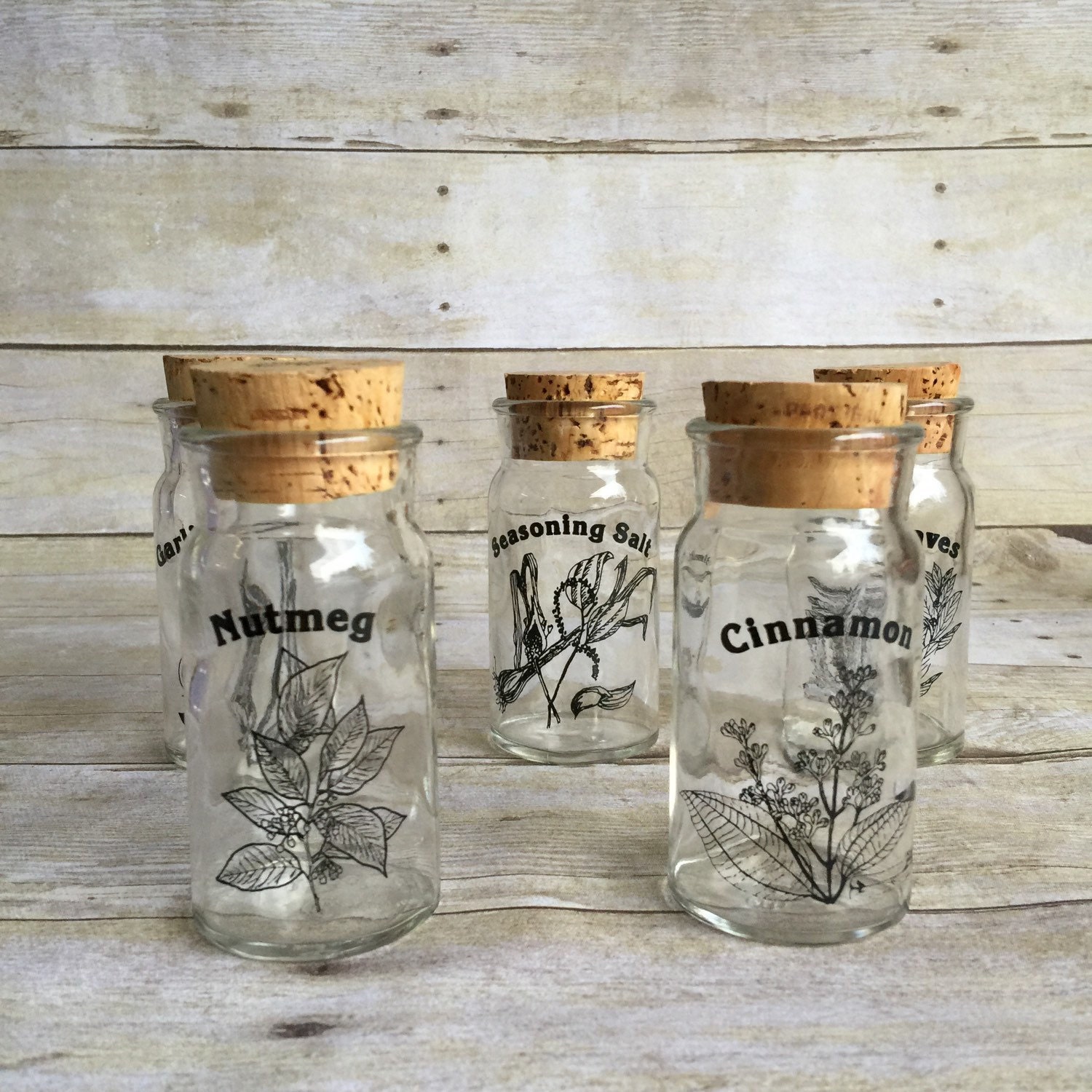 Vintage Spice Jars Set of 5 Glass Jars with Corks