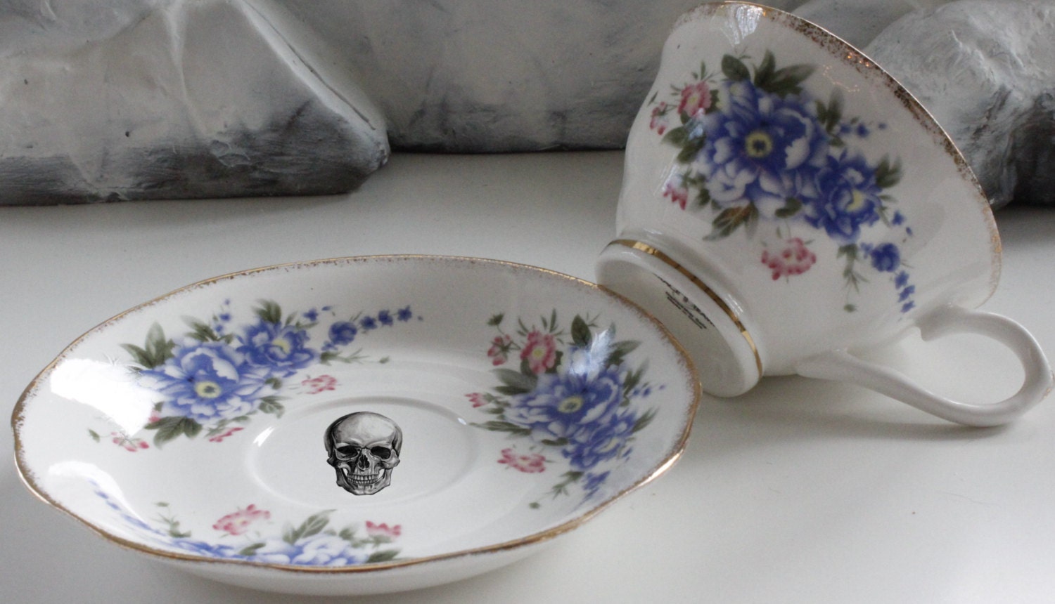 Floral Skull Teacup and Saucer Set Steampunk Tea Cup Goth