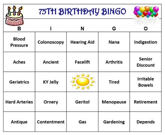 75th Birthday Party Bingo Game 30 Cards Old Age Theme Bingo