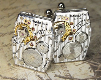 STEAMPUNK Cuff Links Cufflinks - Torch SOLDERED - Vintage Early 40s HAMILTON Watch Movements w Vertical Pin Stripes - Amazingly Elegant