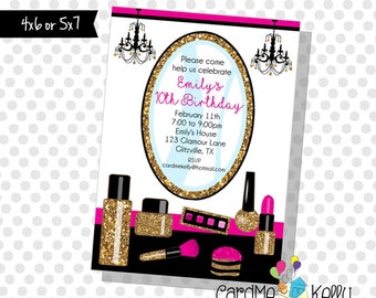 Printable Girlie Glitter and Sparkle Sequins Birthday Makeup Spa Party Invitation - Printable Digital File