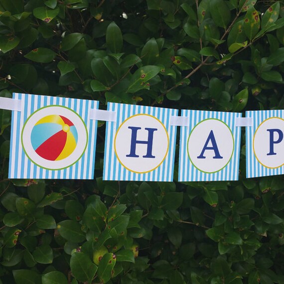 Beach Ball Pool Party Happy Birthday Banner Printable