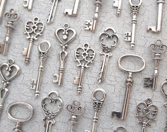 The Caspian Collection - Skeleton Key Charm Assortment in SILVER - Set of 36 Keys