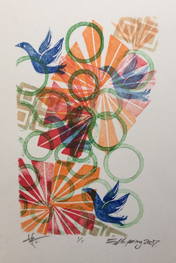 One of a kind Flying Bird Block Print by emayzing on Etsy