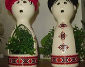 Ceramic Snowman and Snowlady - Ukranian Pattern - Votive Candle Holders or Decorative Accent Pieces - (2 Pieces) - OOAK - Whimsical Ceramic Snowman and Snowlady - Ukranian Pattern - Votive Candle Holders or Decorative Accent Pieces - (2 Pieces) - OOAK - Whimsical