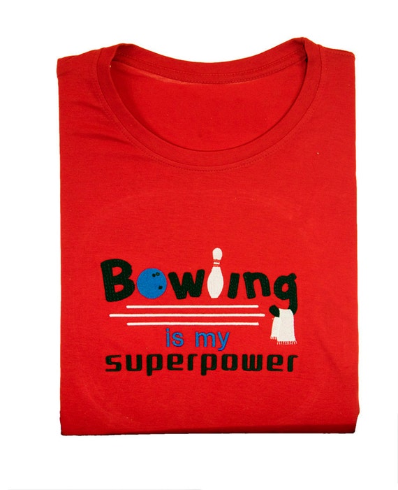 Embroidered Red Tshirt Bowling is my Superpower slogan
