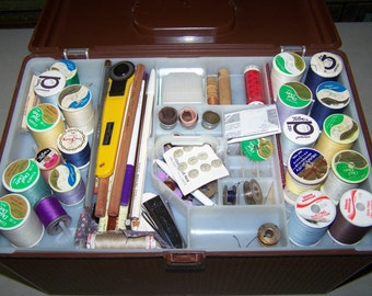 Vintage Brown Plastic Sewing Box With Accessories