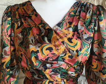 Vintage 1930s 1940s Style Multicolor Dress - Autumn Colors - Green Gold Black - Handmade - Retro Repro