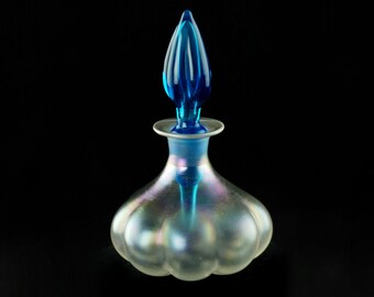 Antique Steuben Carder Era Verre de Soie Perfume Cologne Bottle with Celeste Blue Stopper
