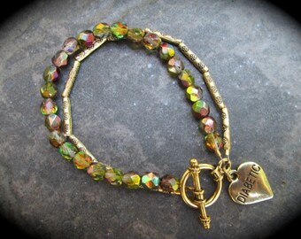 Diabetes Medical Alert Bracelet with sparkly Multi color Czech glass beads and gold finish Diabetic charm Diabetes Bracelet