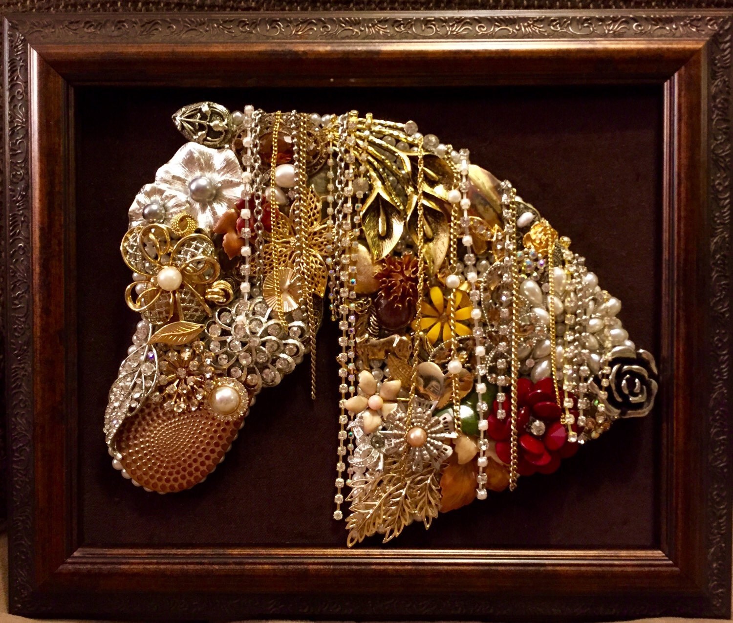 Beautiful Vintage Jewelry Framed Art Handmade Horse