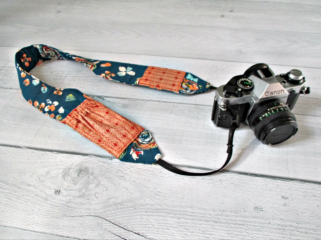 CrossBody Camera Strap with Pockets Teal Floral Strap with
