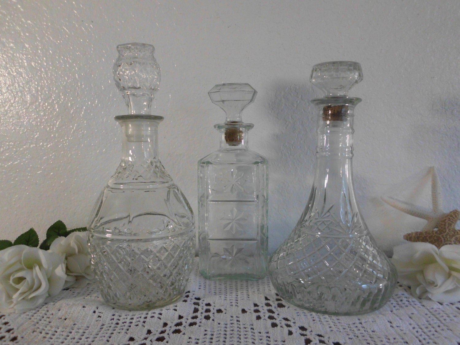Vintage Decanter Set Clear Glass Liquor Bottle Barware Cottage
