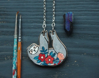 Cute sloth necklace,hand painted sloth jewelry,funny, quirky animal necklace ,hanging sloth pendant ,unique gift for her