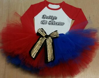 Harley Quinn kids costume, daddy's little monster, halloween costume, joker, red and blue tutu set,
