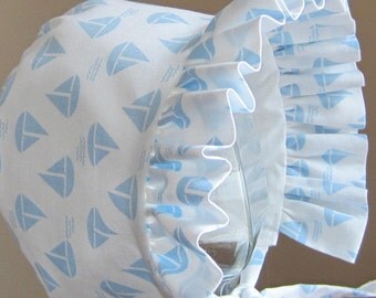 Baby Bonnet - White with Blue Sailboats