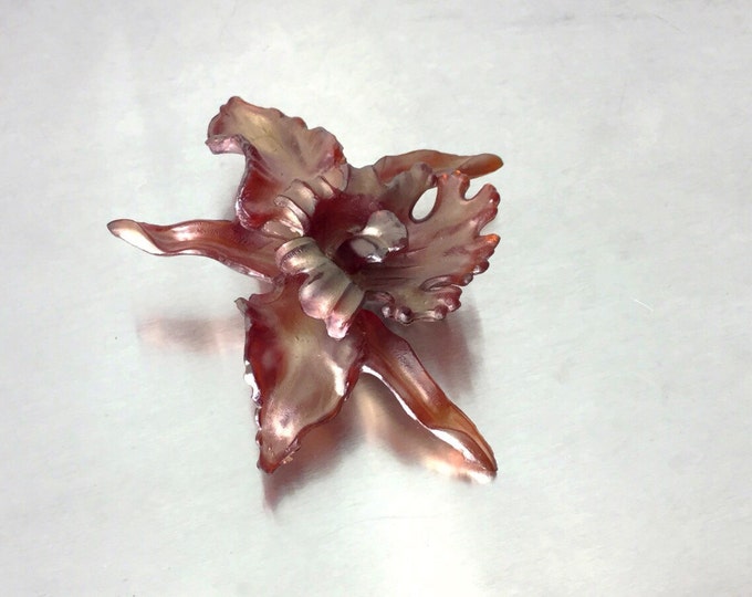 Vintage Pearlized Plastic Orchid Brooch. West Germany Orchid Brooch. Peachy Red Golden Pearly Orchid Flower Brooch. Plastic Flower Brooch.