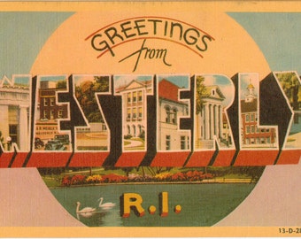 Linen Postcard, Greetings from Westerly, Rhode Island, Large Letter, ca 1950