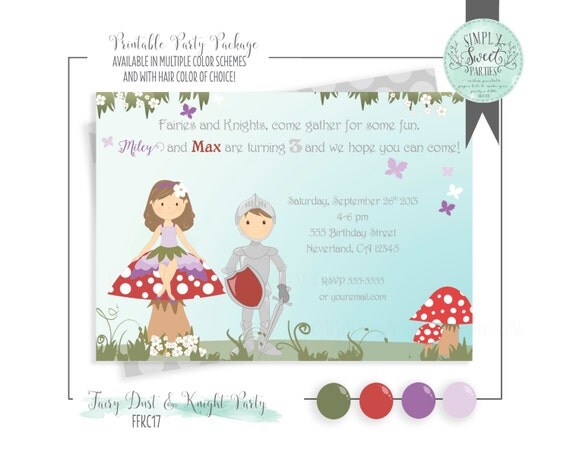 PRINTABLE INVITATION. Woodland Fairy & Knight Birthday Party in red, green and purple. Jpeg or PDF file. Includes Hair Color of Choice Il_570xn