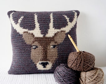 Stag Cushion, Cascade 220, Adventure Pillow, Double Crochet, Pattern Deer, Single Crochet, Intarsia Tapesry, Crochet Fall, Decor Lodge
