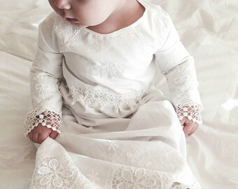 Christening gown - baby girl christening dress - milk white - Heirloom lace style--handmade in the usa