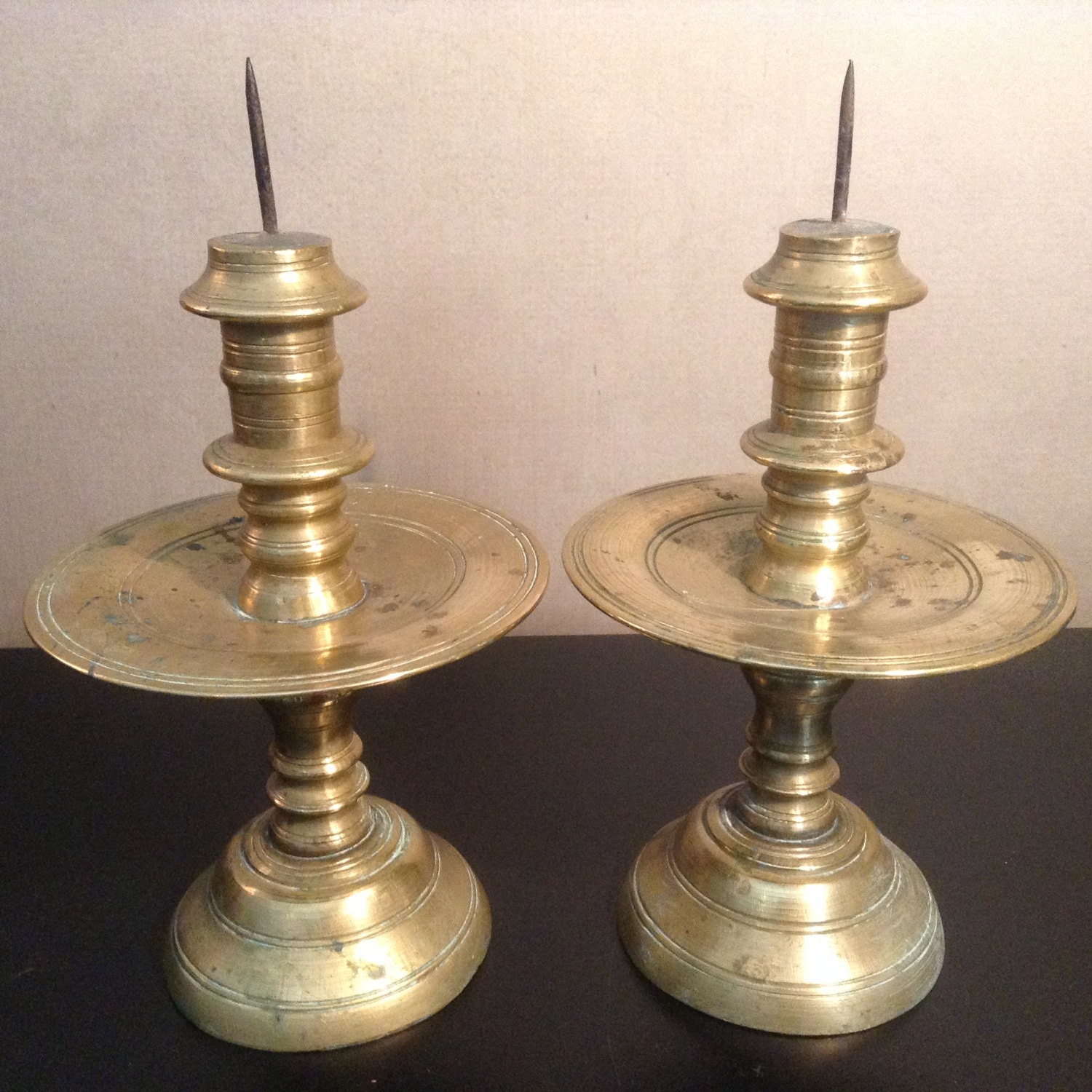 Antique Dutch heavy brass candlesticks Heemskerk style