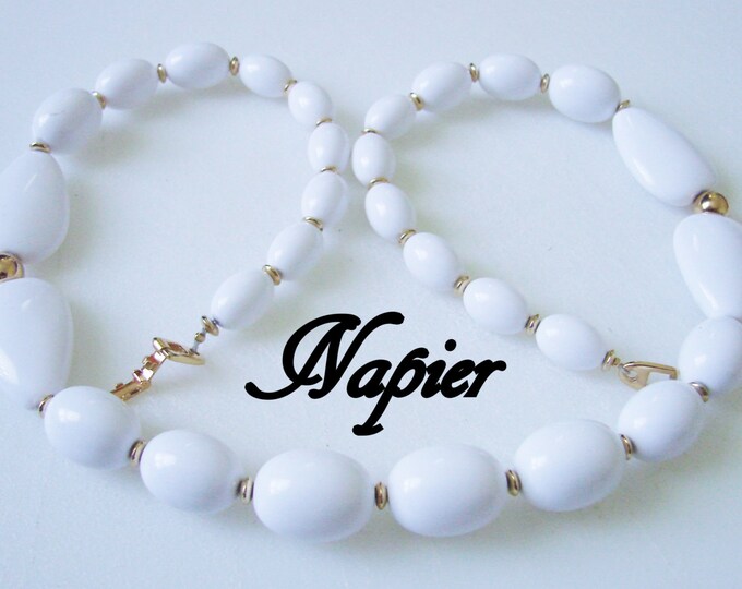 80s Vintage Napier White Lucite Bead Necklace / Designer Signed / Goldtone Beads / Vintage Jewelry / Jewellery