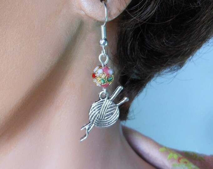 Knitting dangle earrings, handmade silver plated yarn and knitting needles charm, cloissoine pink floral bead, french hook pierced earrings