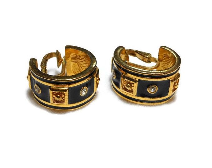 Black hoop earrings, black enamel with channel set rhinestones and gold squares with raised dots, 1/20 14k gold filled clip earrings, 1980s