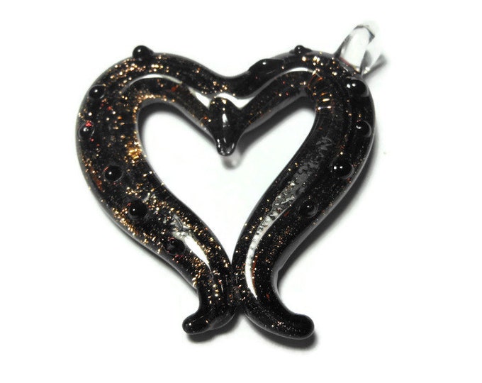 Lampwork heart pendant, bump heart, black with copper glitter, 40 mm X 40 mm